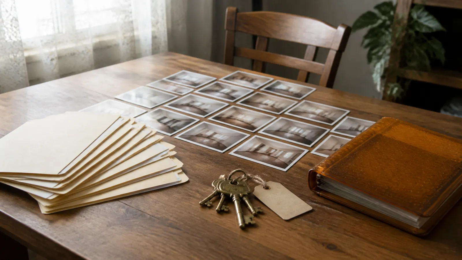 Dining table spread with folders, room photos, brass keys, and an amber album forming a property file