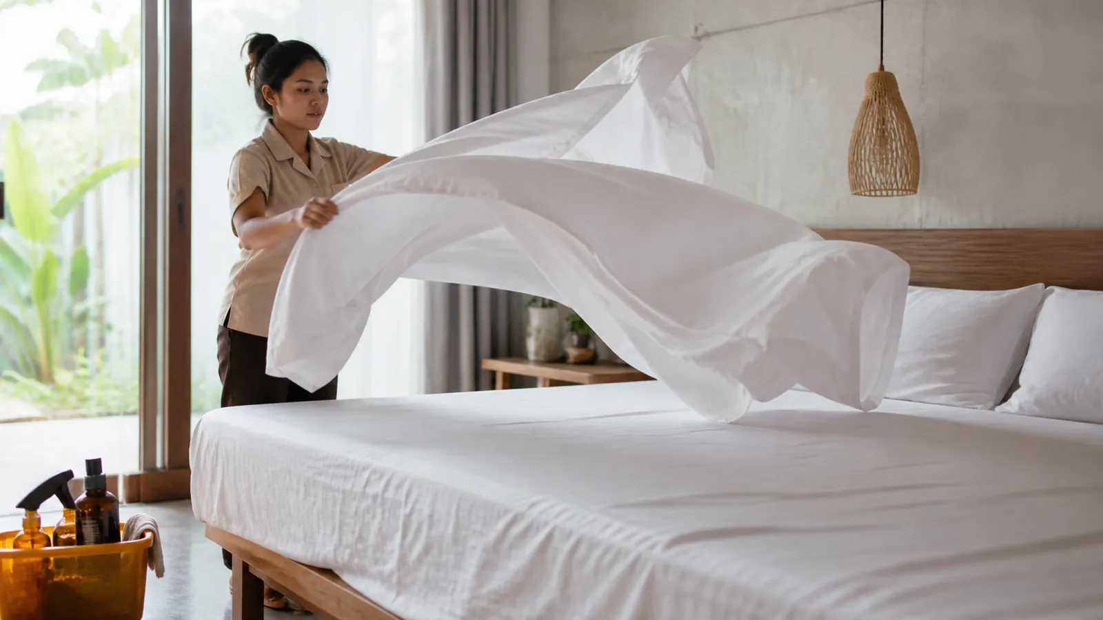 Cleaner snapping a white duvet mid-air over a bed in a bright room, amber caddy nearby