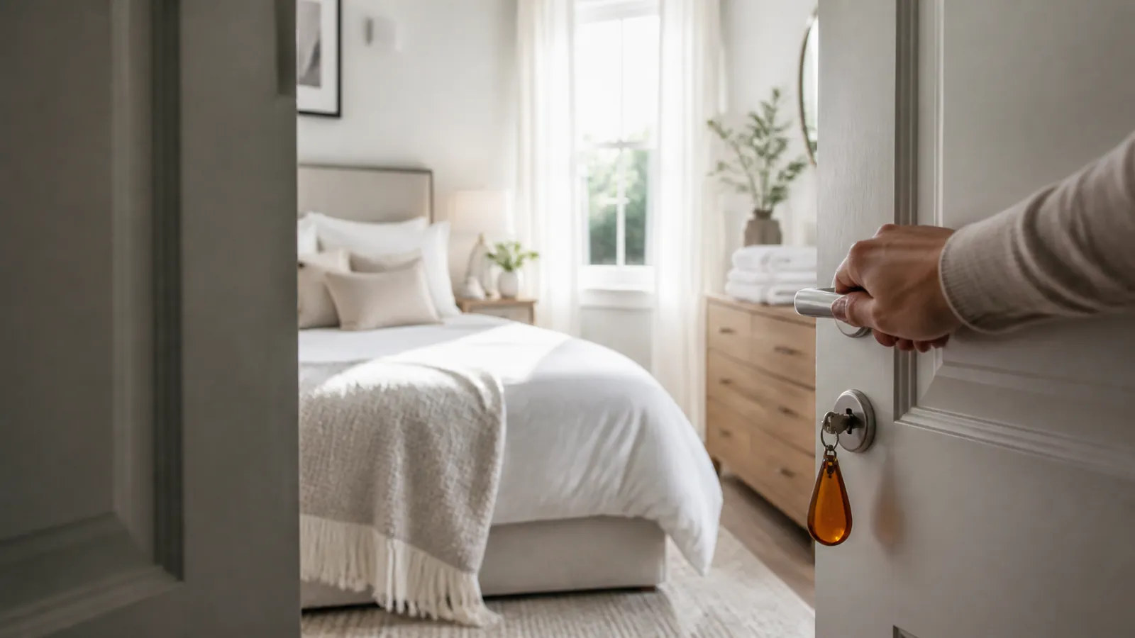 Immaculate sunlit guest room seen through a closing door with an amber key tag in the lock