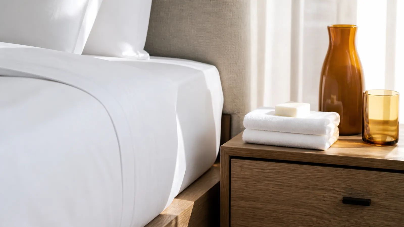 Crisply tucked bed corner and towel stack with soap beside an amber carafe on the nightstand