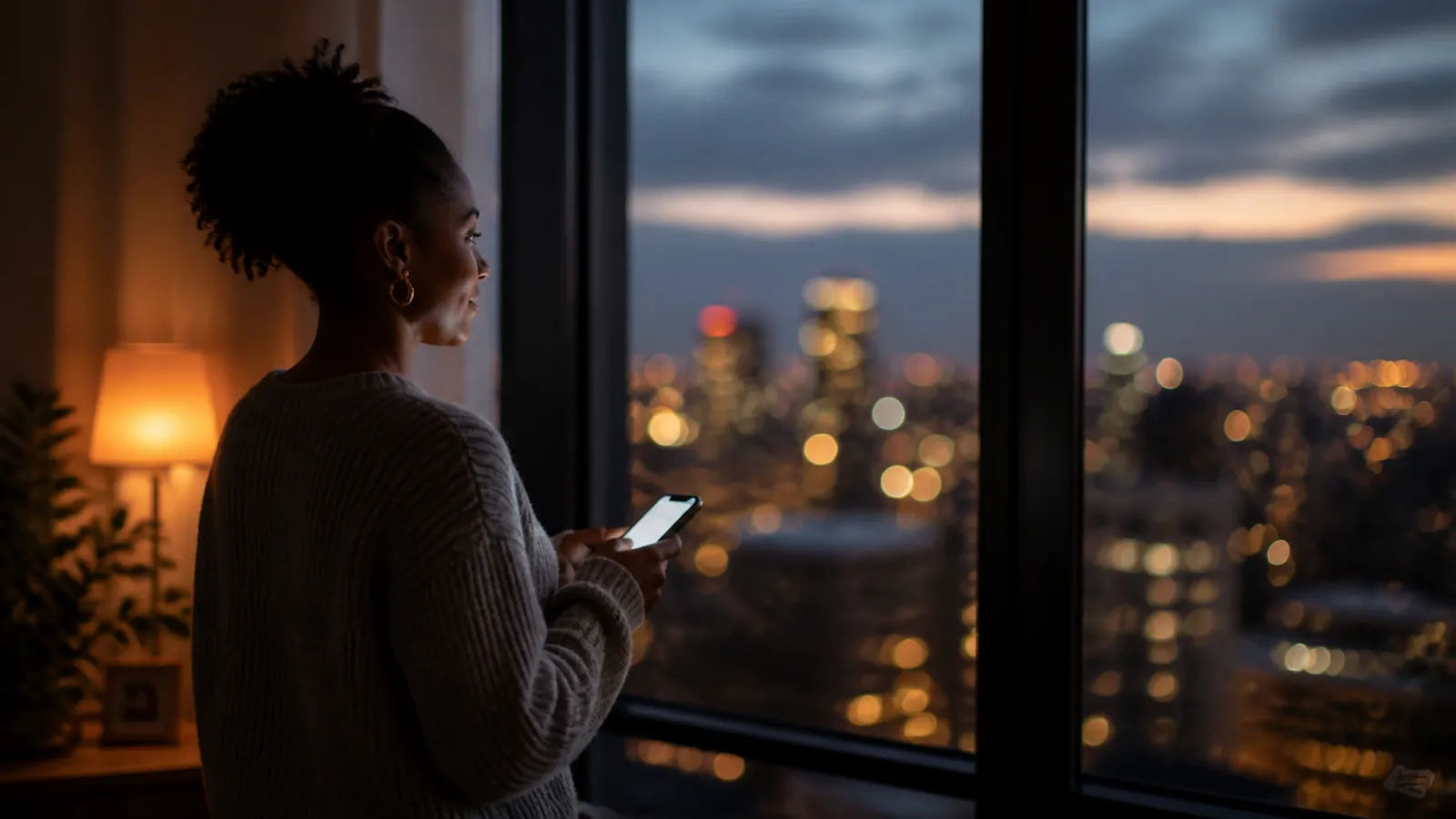 Host at a window at dusk with city lights beyond, phone a soft glow, amber lamp lit