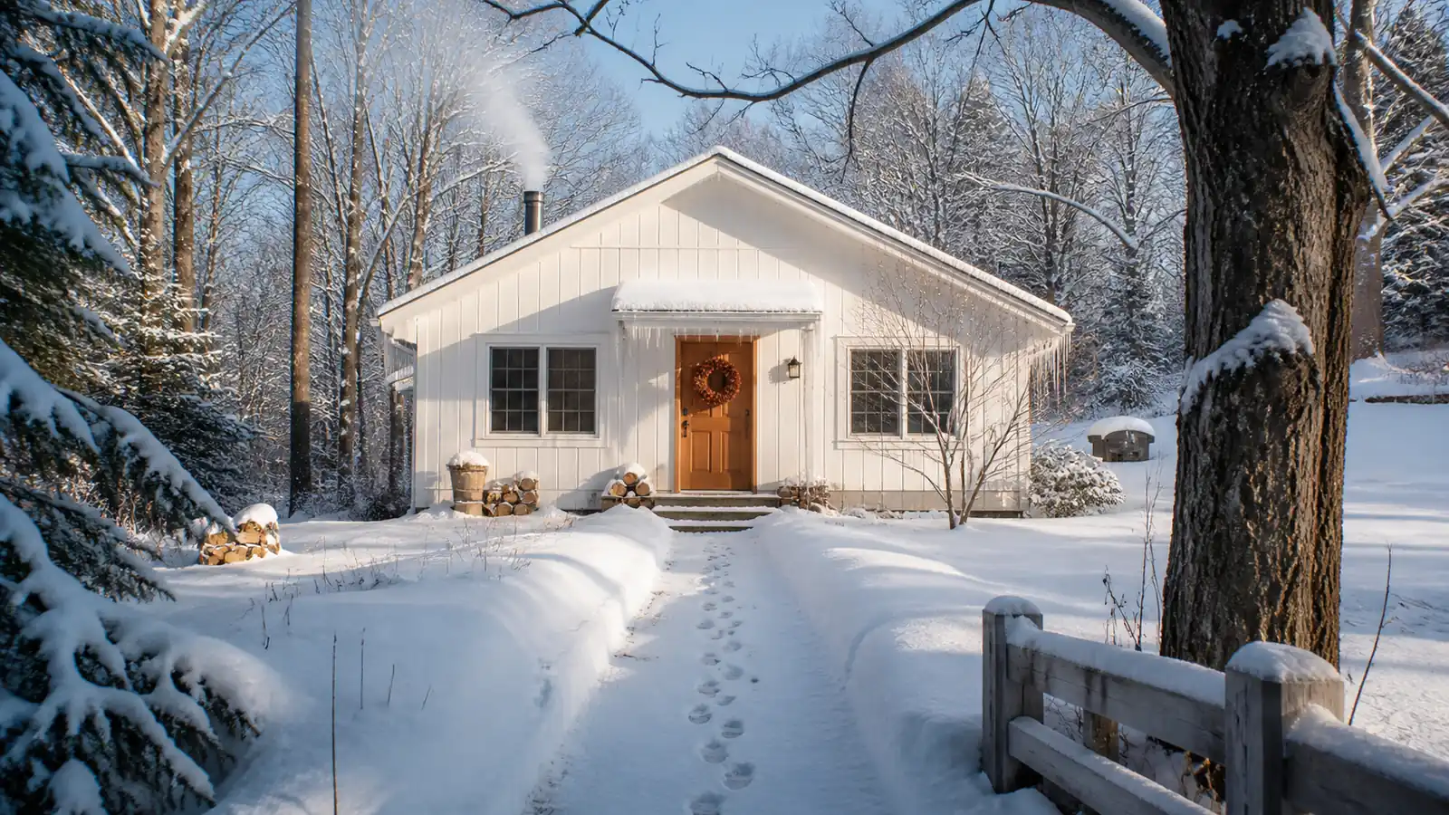 Snow-dusted cottage with bootprints to the door, warm windows, and an amber wreath, booked in winter