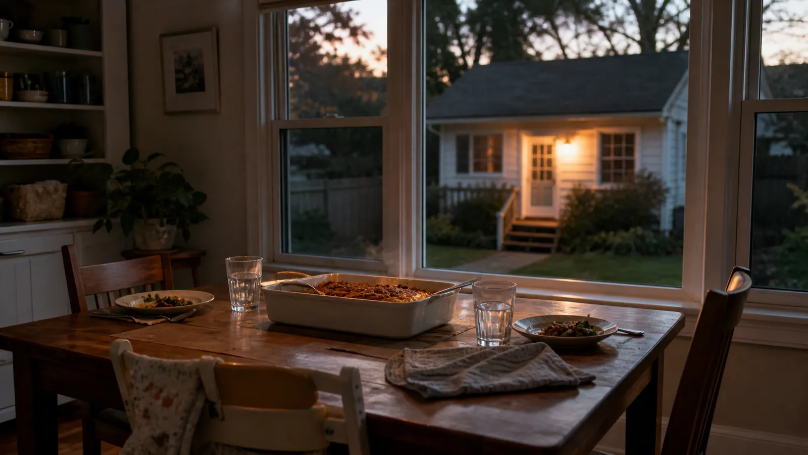 Dinner table set for three with a guest cottage's amber porch lamp glowing through the window