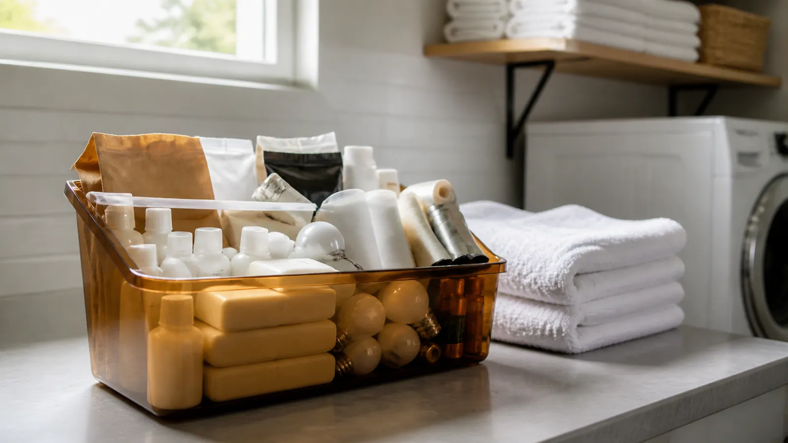Amber bin of guest supplies beside folded towels on a laundry counter, linens shelved above