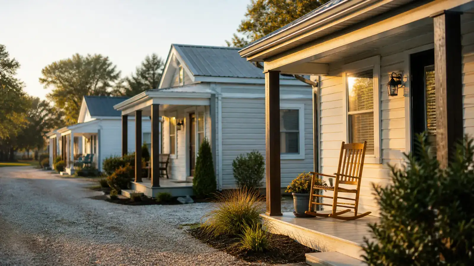 Three tidy rental cottages on a lane at dawn with an amber rocking chair on the nearest porch