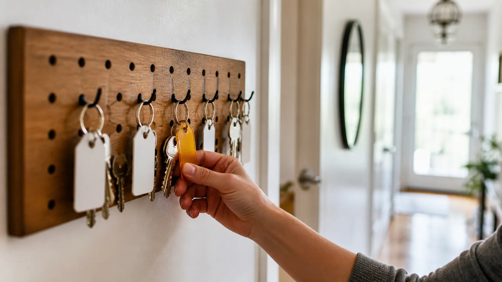 Hand reaching for one of several key sets on a pegboard, one key tag amber