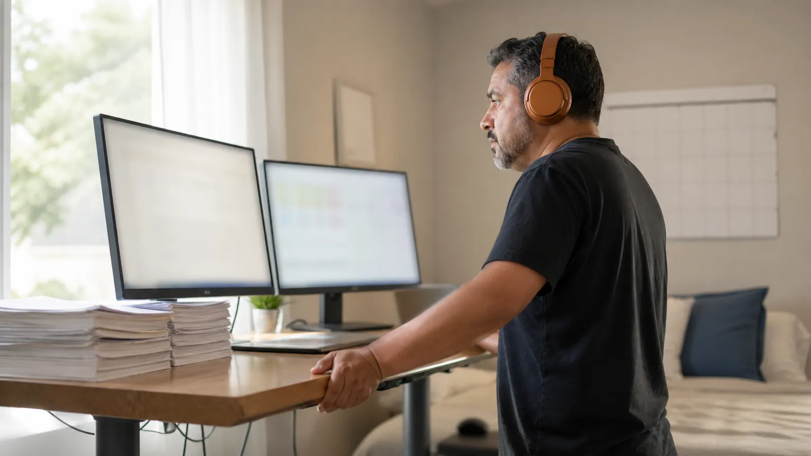 Man in amber headphones at a standing desk between two softly glowing screens in a bright office