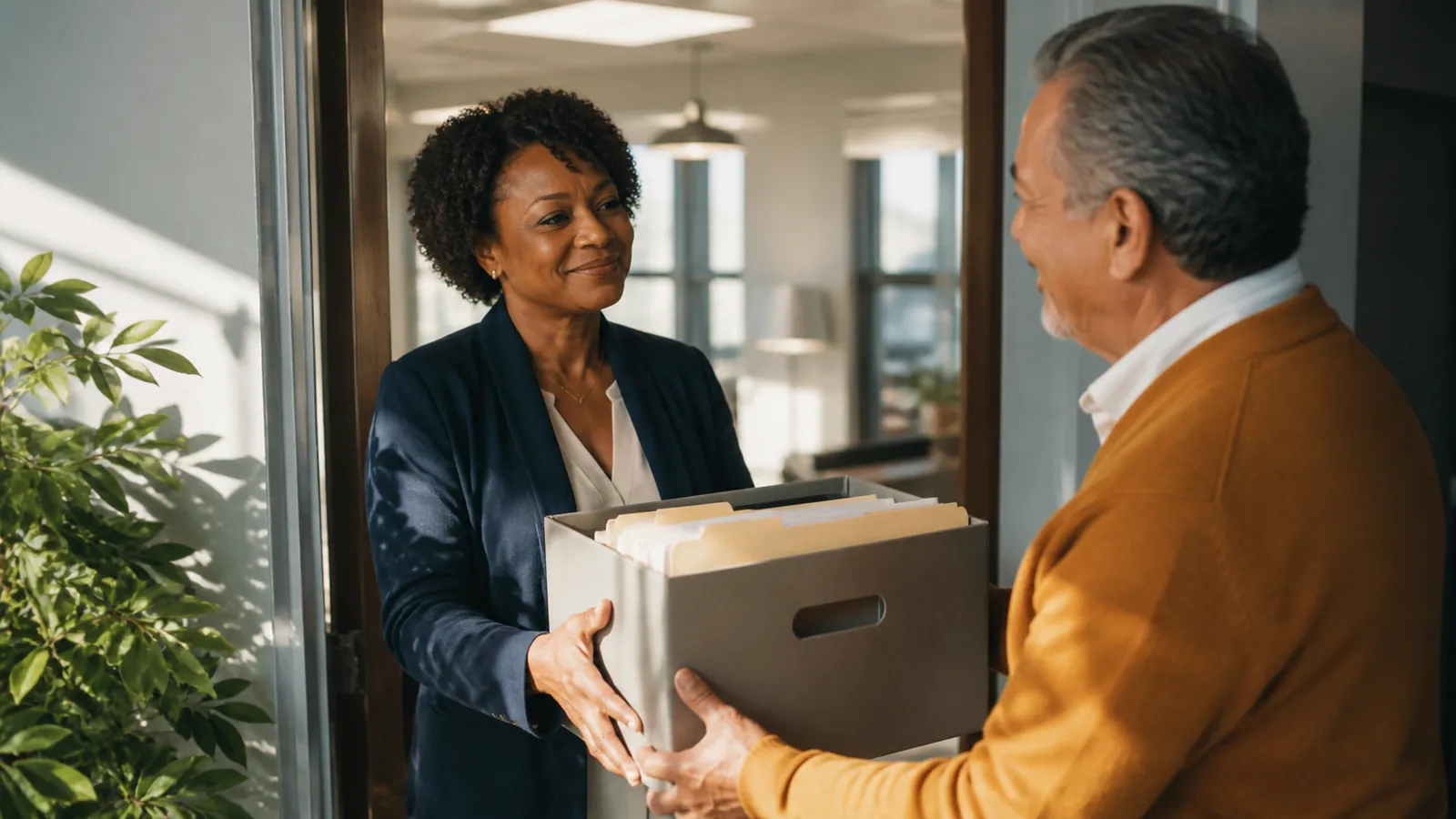 Host handing an archive box of records to an accountant in an amber cardigan at a sunlit doorway