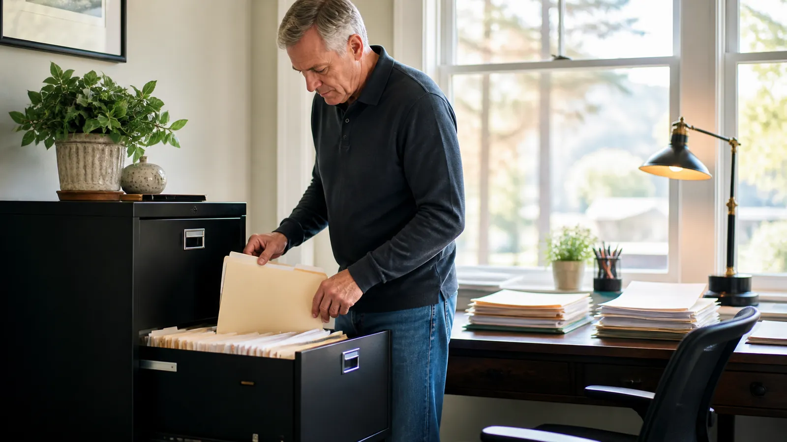 Man filing folders into a cabinet drawer in a home office lit by an amber desk lamp