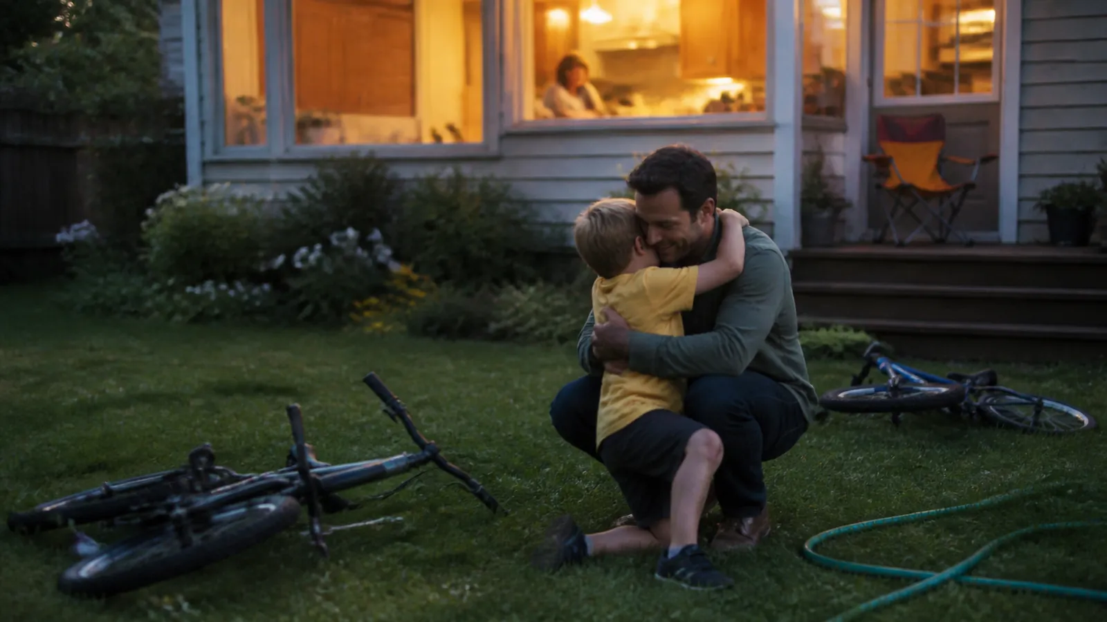 Backyard at dusk with dropped bikes, an amber folding chair, and warm kitchen windows glowing