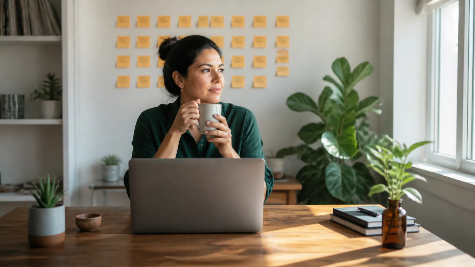 Landlord at a tidy desk with an unbranded laptop and a wall of blank amber sticky notes