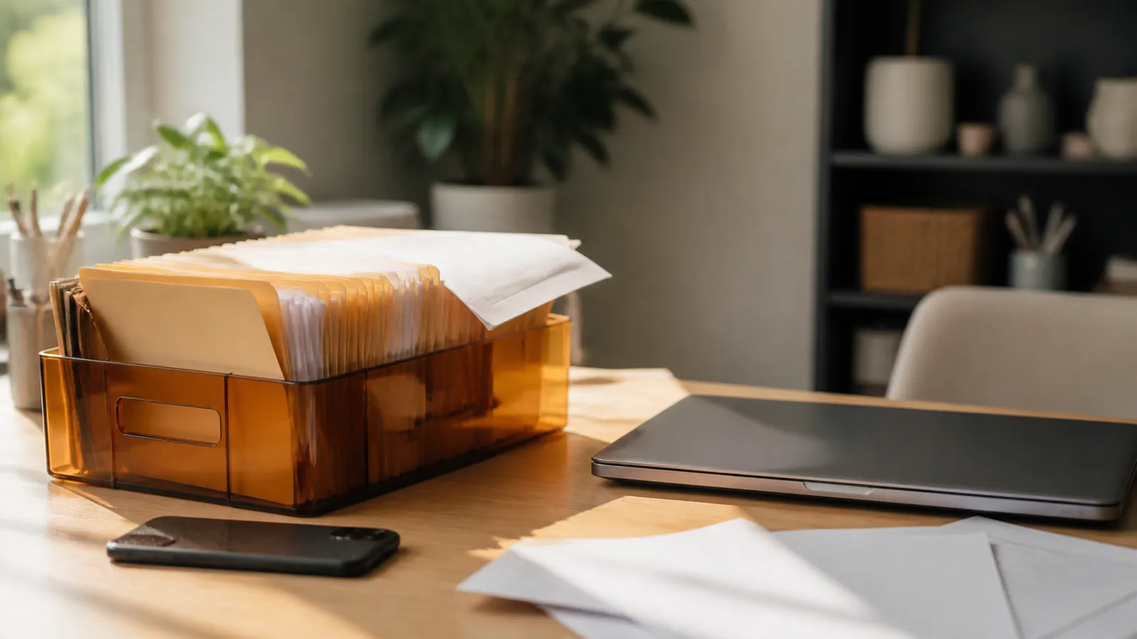 Amber box of paper files beside a closed laptop on a desk, loose sheets draped over its edge