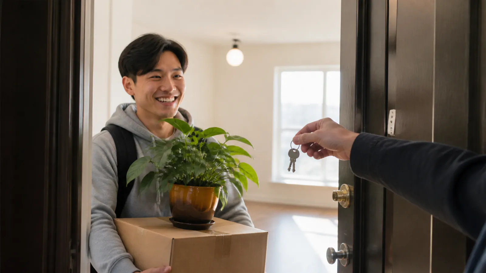 New tenant holding a moving box and plant in an amber pot while receiving keys at an open door