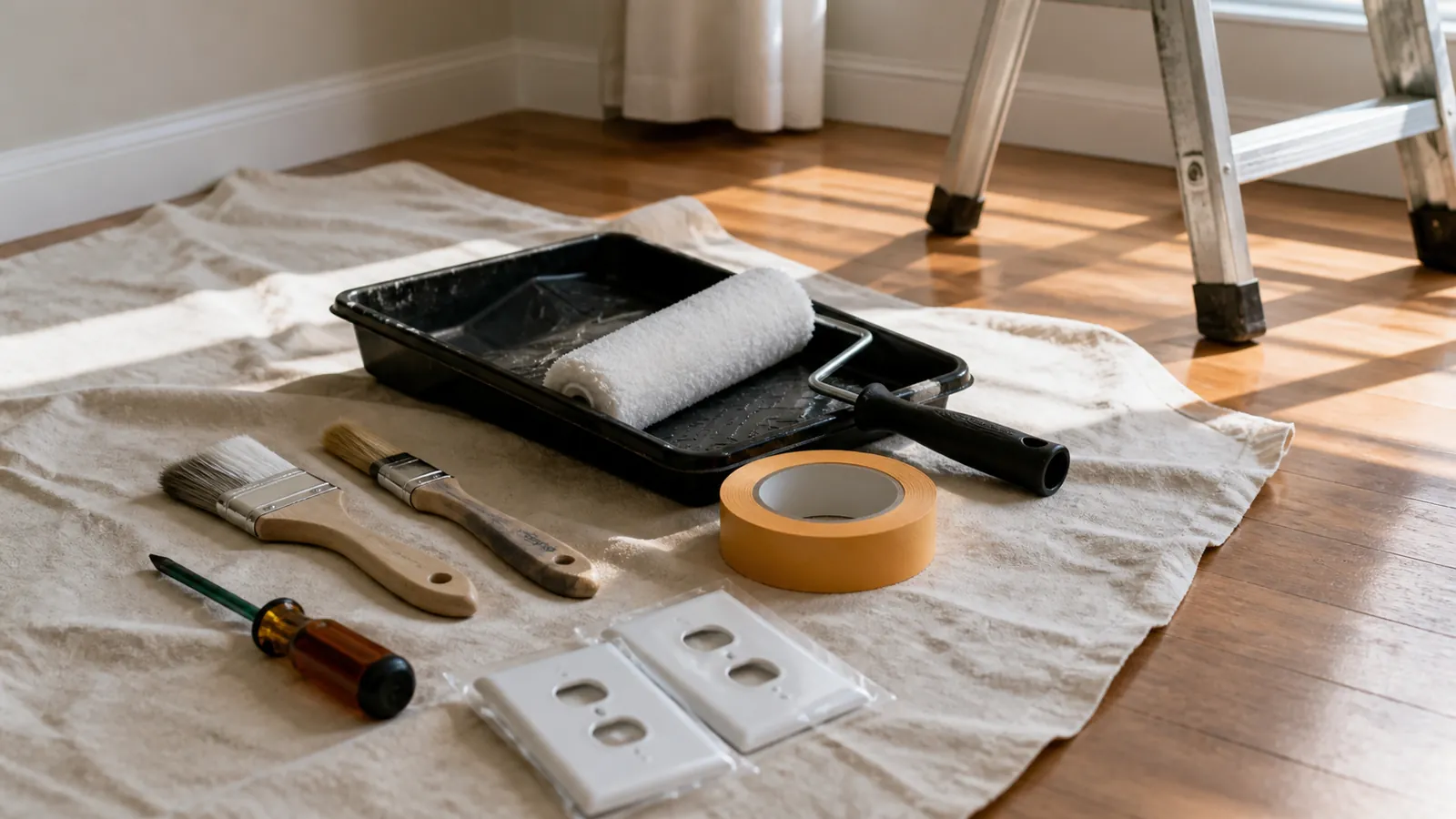 Make-ready kit with roller, brushes, outlet covers, and amber painter's tape on a drop cloth