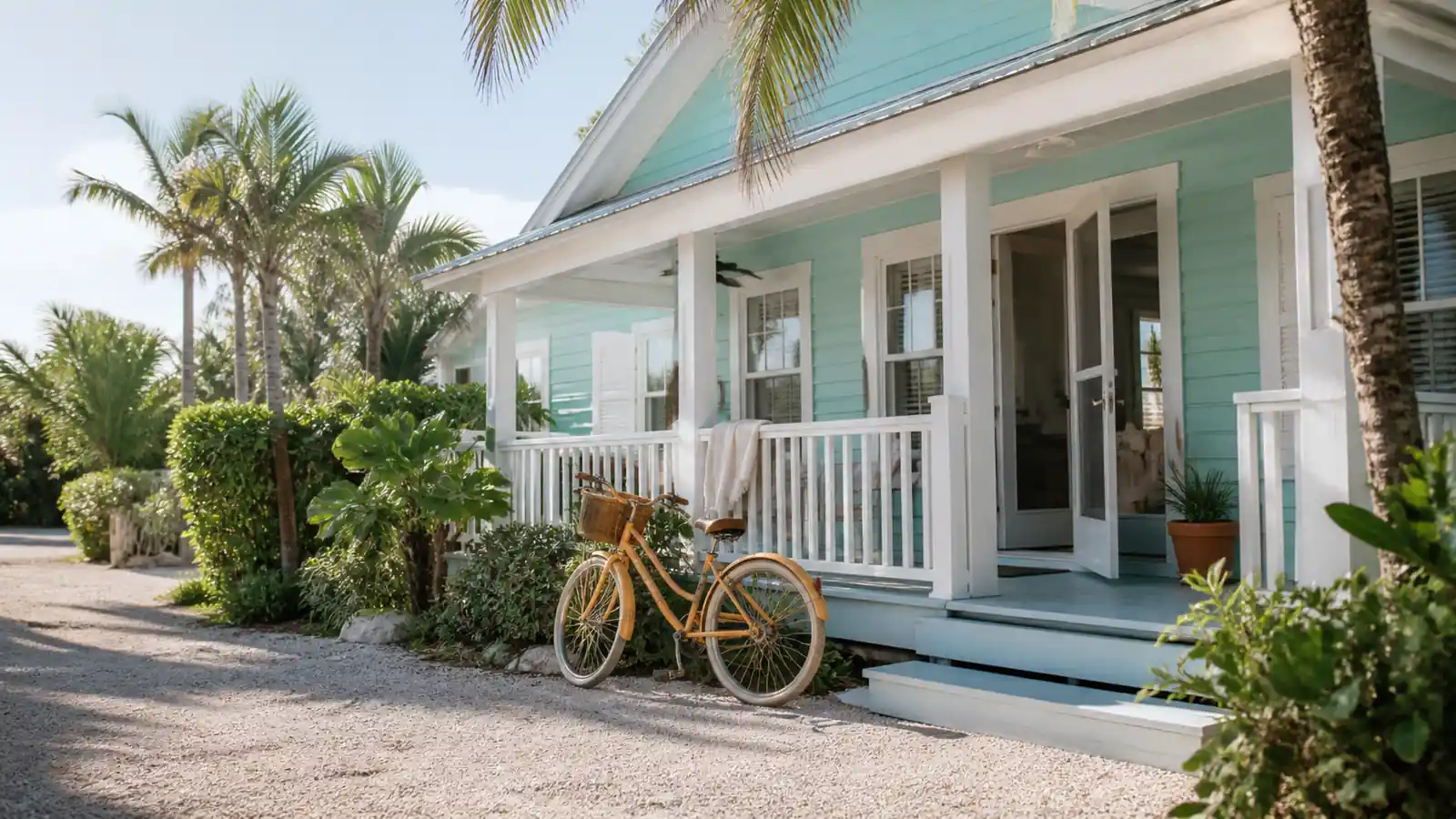Pastel beach cottage with palms and an amber cruiser bicycle leaning on the porch rail