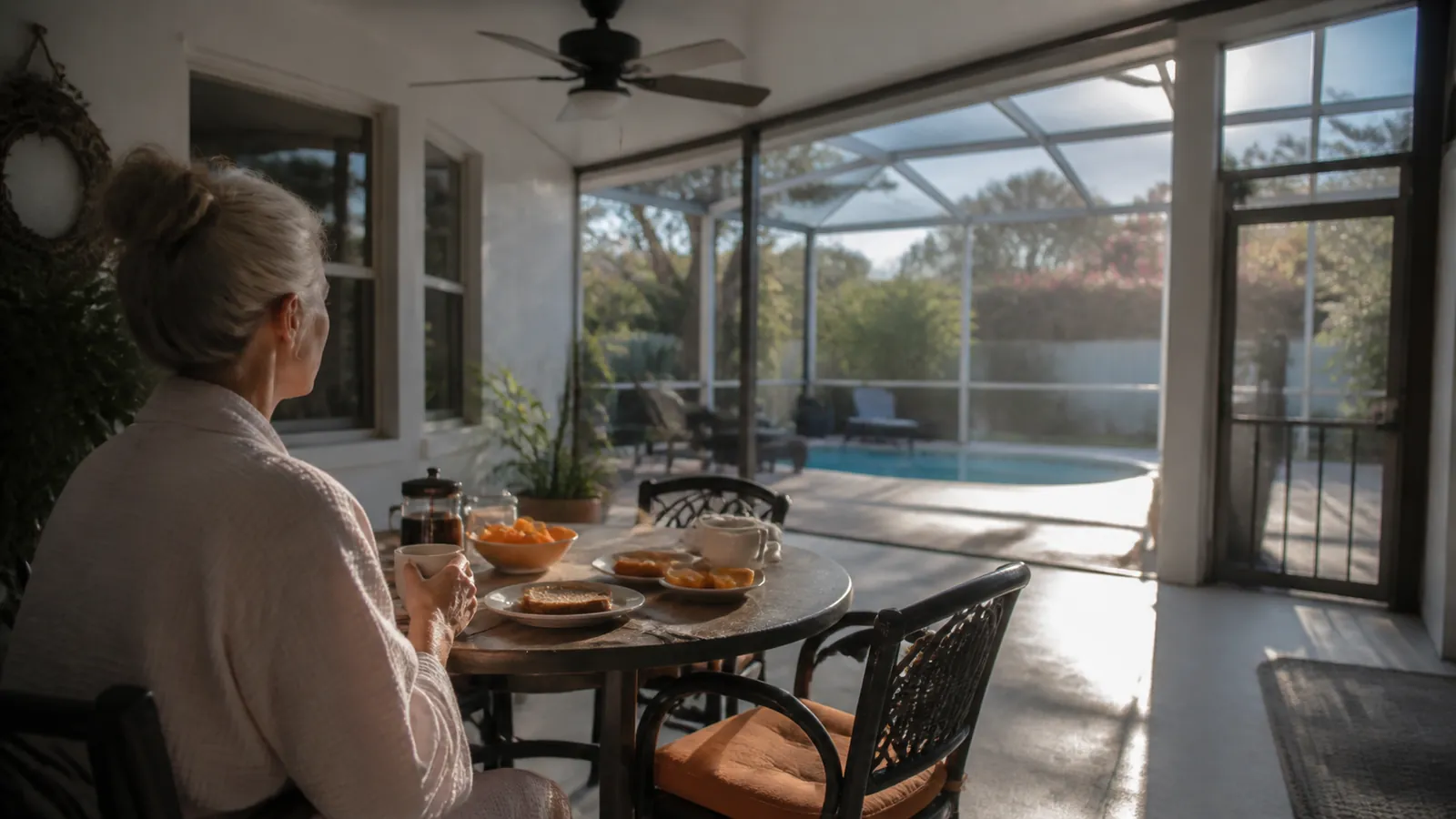 Breakfast table on a screened lanai with palm shadows, a slow fan, and an amber seat cushion