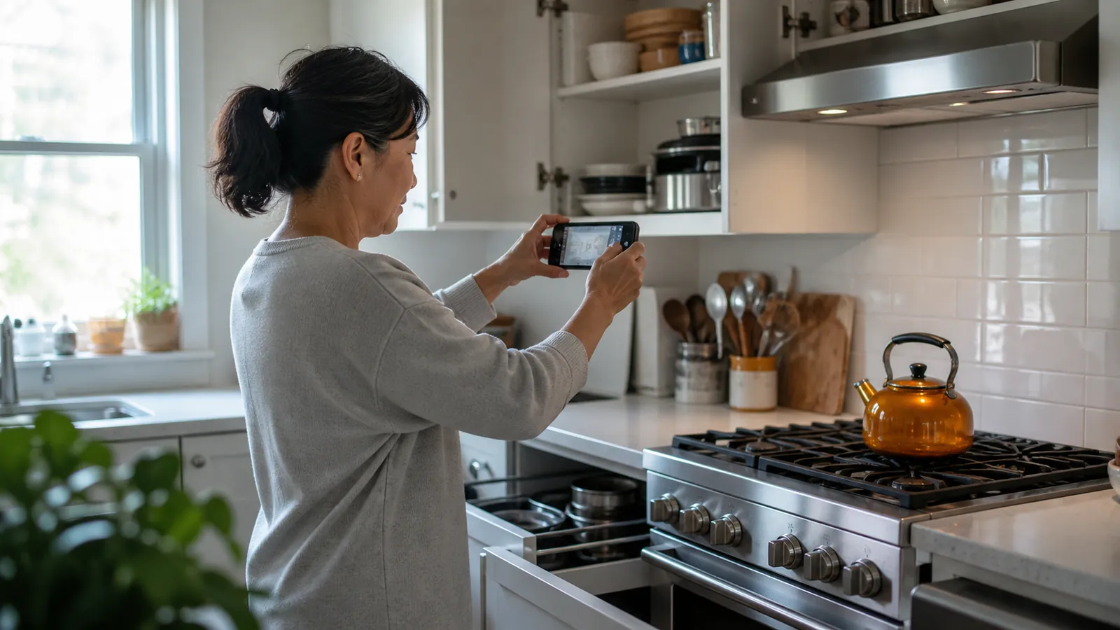 Woman photographing kitchen appliances for a contents inventory, amber kettle on the stove