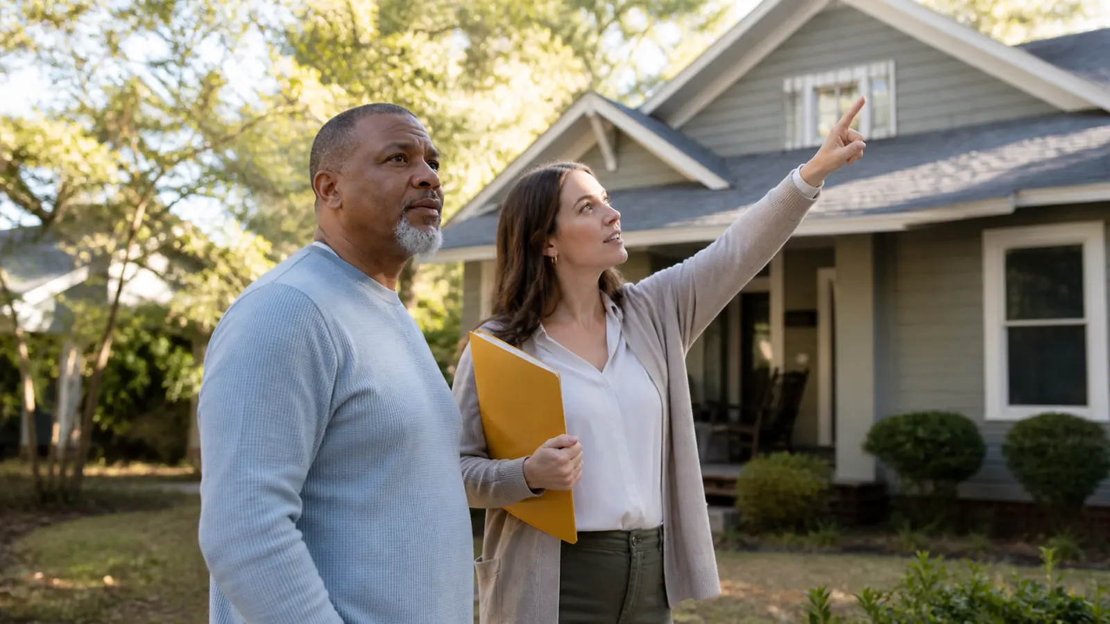 Insurance agent gesturing toward a rental house roofline beside the owner in morning light