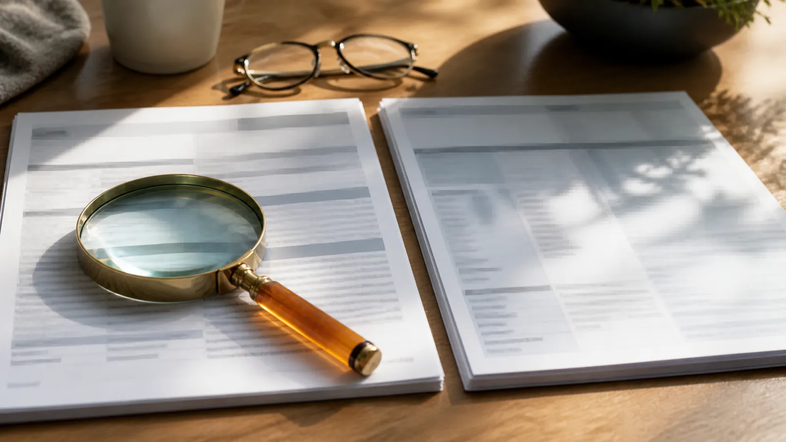 Two quote packets side by side under an amber-handled magnifying glass and folded reading glasses