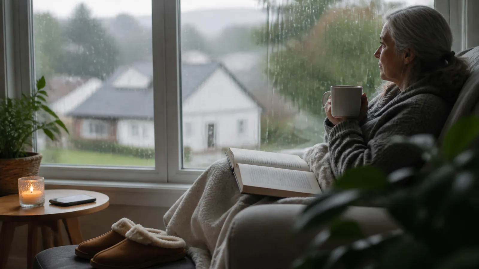 Calm living room with amber slippers, steaming mug, and a dark phone as rain streaks the window