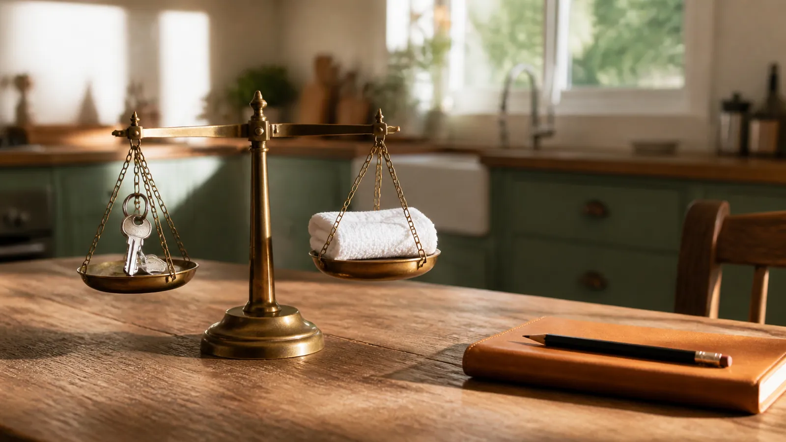 Brass balance scale weighing a house key against a folded white towel on a kitchen table