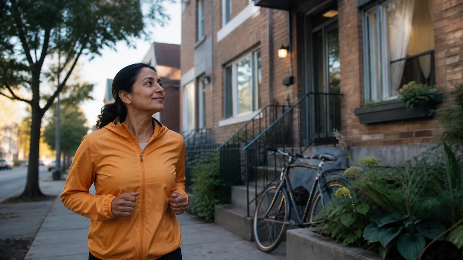Woman in an amber windbreaker jogging past her small occupied rental building at sunrise