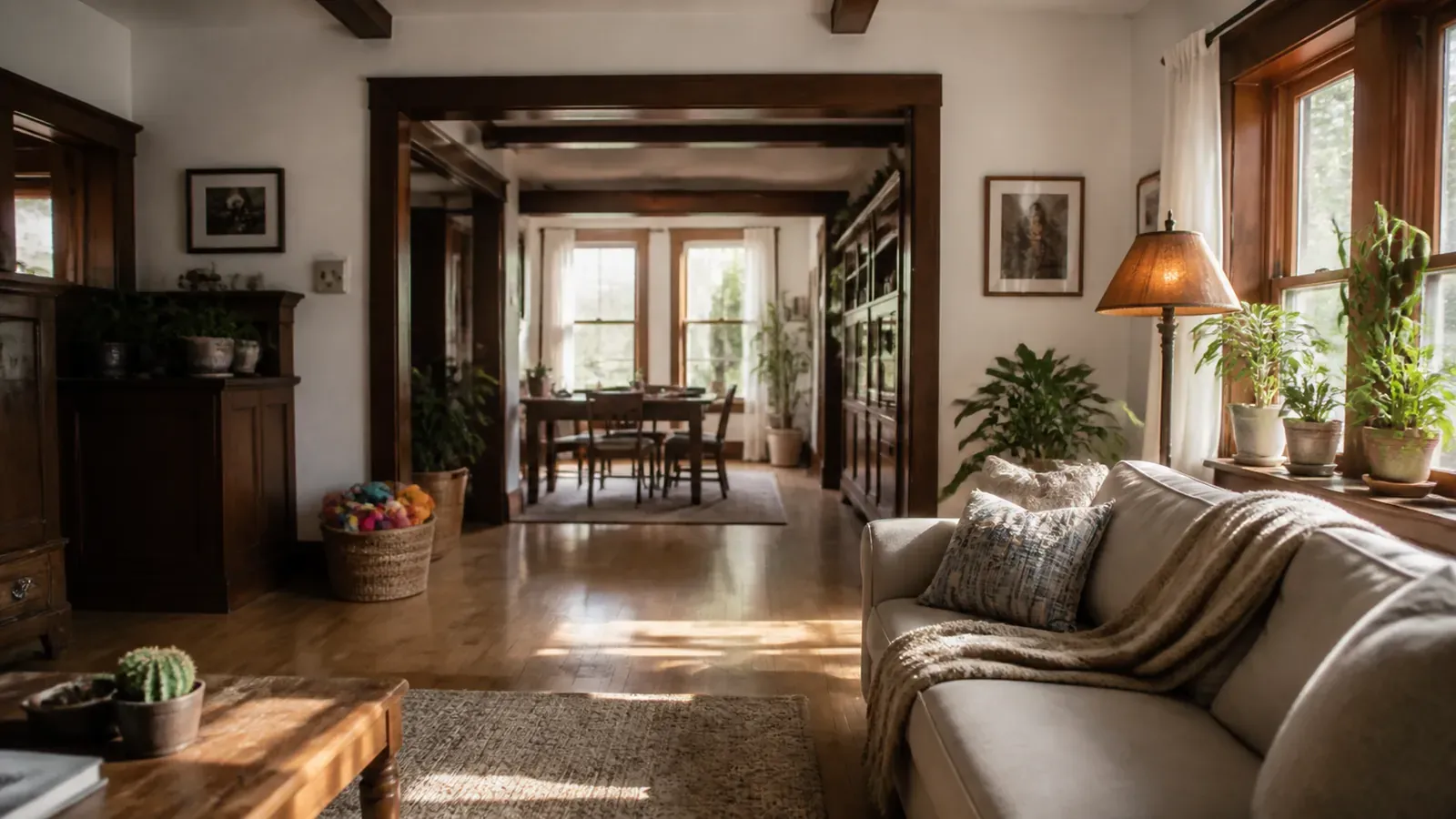 Tenant-furnished living room with sofa, toy basket, plants, and a glowing amber floor lamp