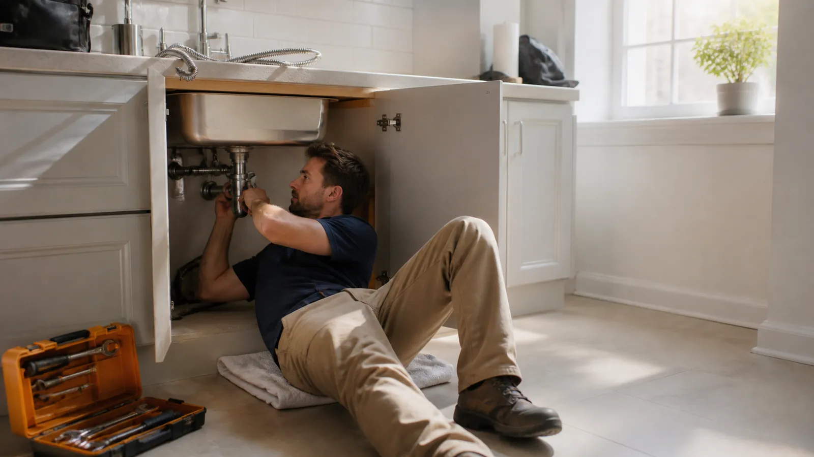 Landlord repairing the trap under a kitchen sink beside an open amber toolbox