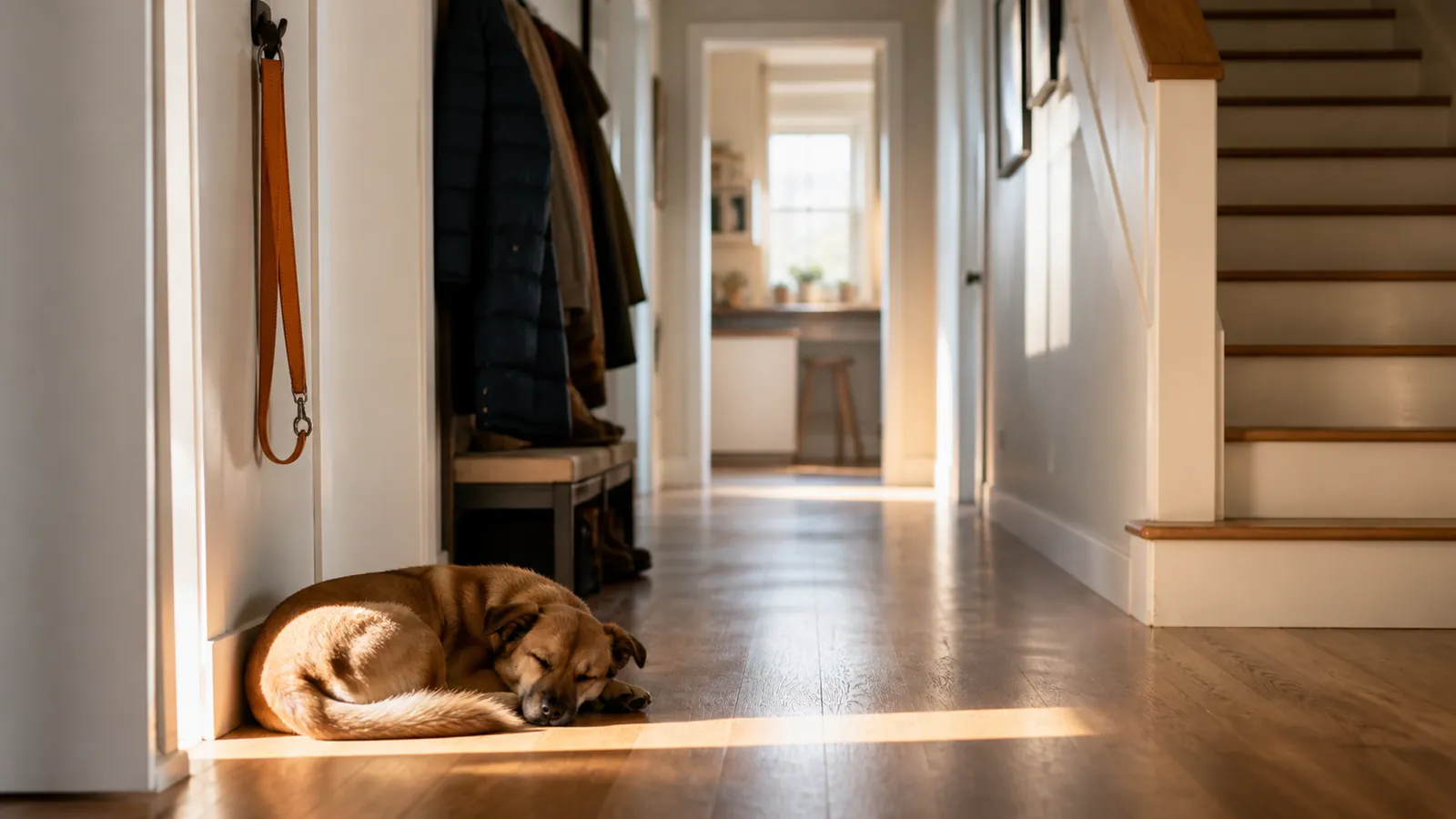 Dog asleep in a sun patch in a quiet hallway with an amber leash on a hook, nothing left to chase