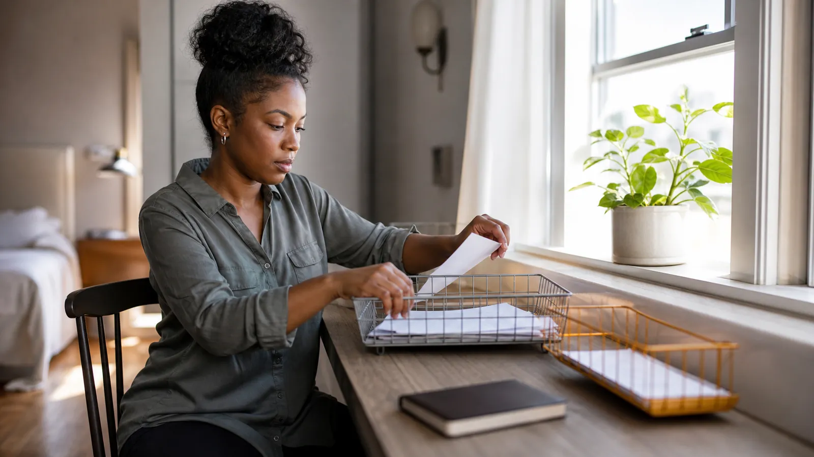 Woman sorting paper statements into separate steel and amber letter trays at a desk by a window