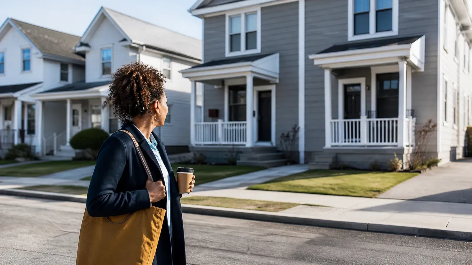 Woman with coffee and an amber tote studying small rental homes on a quiet morning street