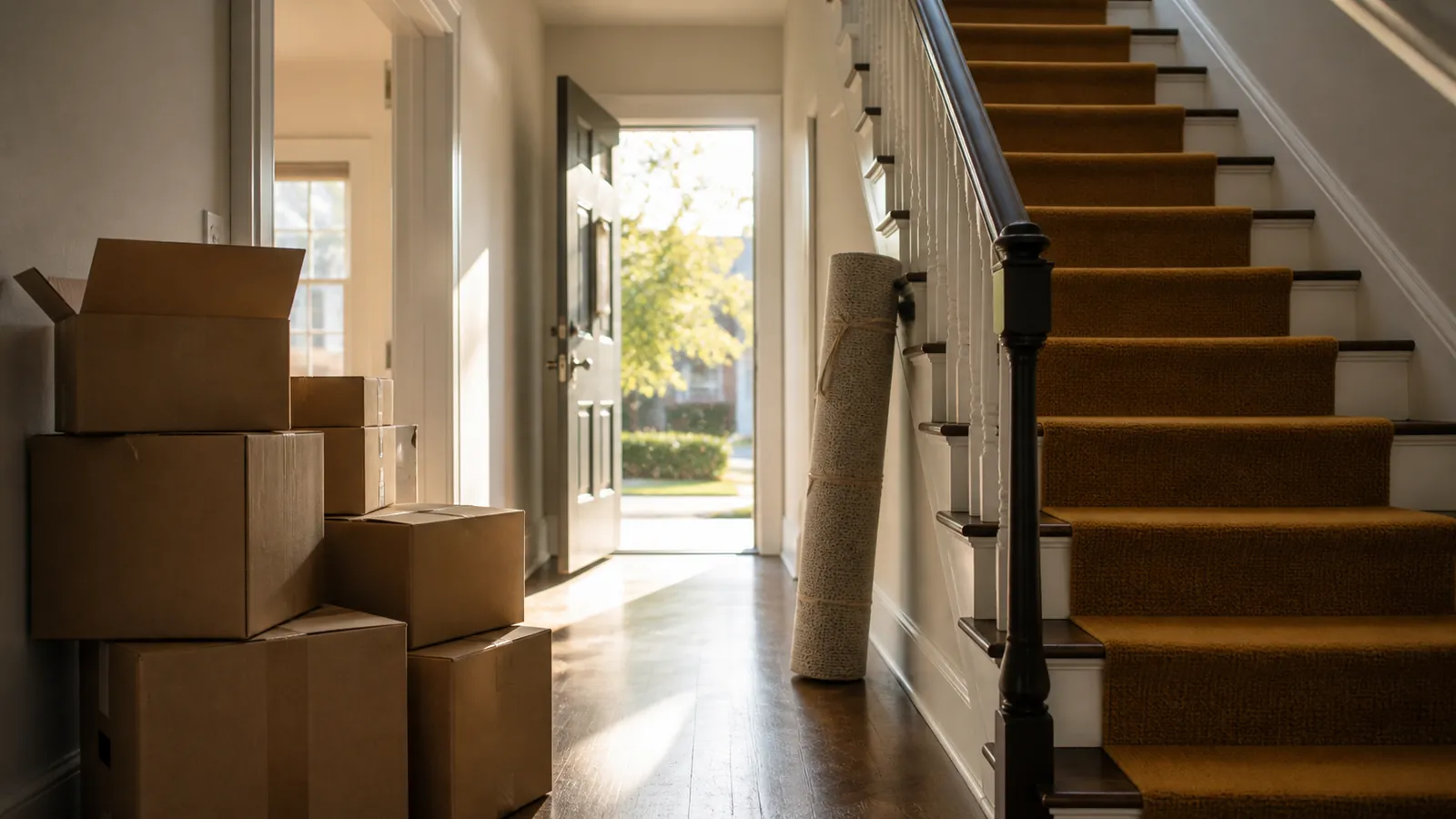 Sunlit duplex entry hall with a tenant's moving boxes and an amber runner on the stairs