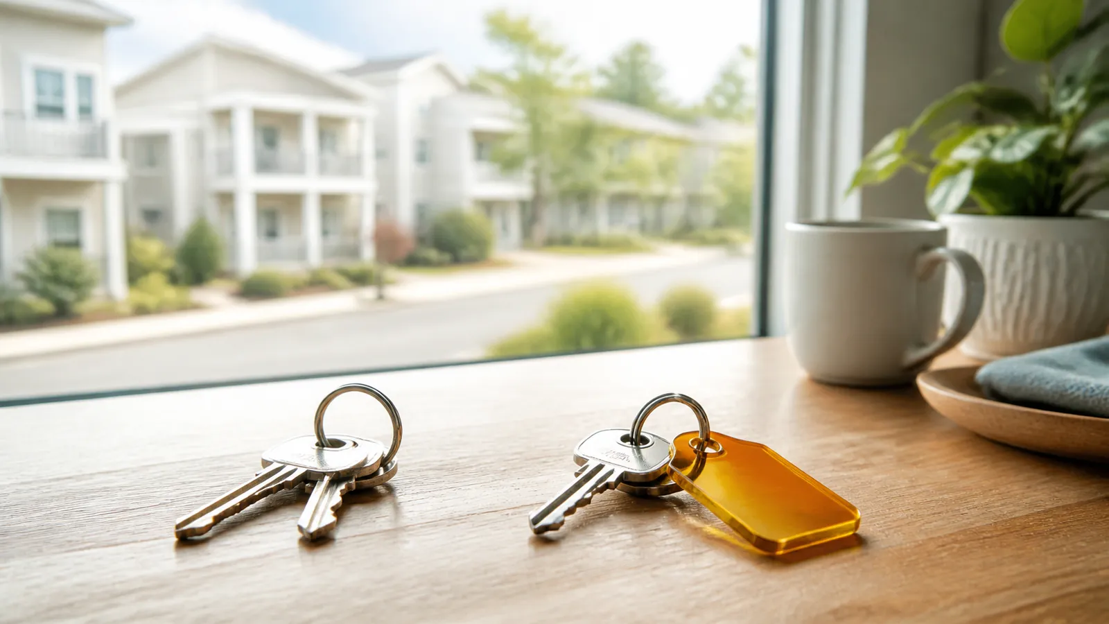 Two key sets side by side on a table by a window overlooking a street of small homes
