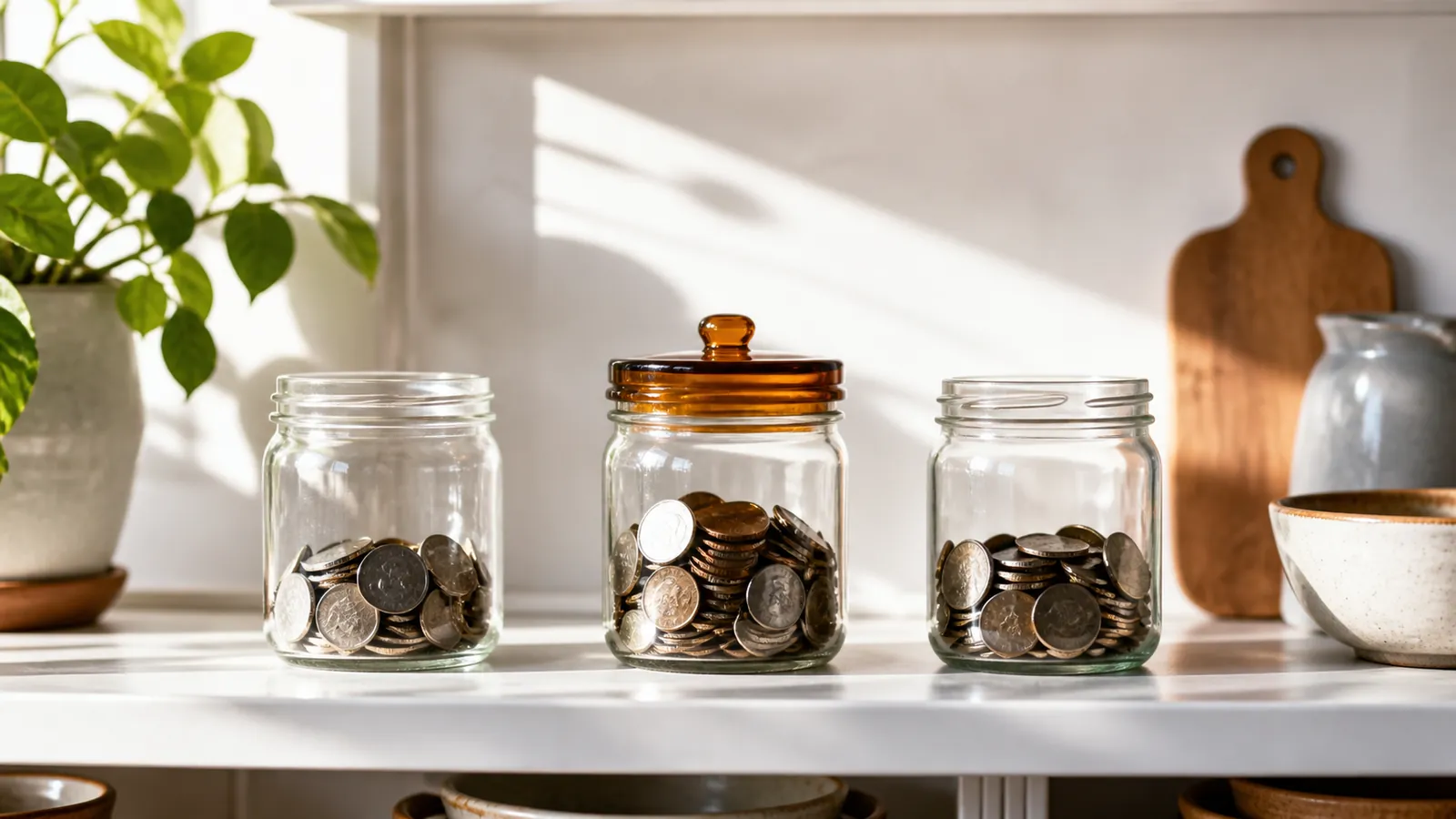 Three glass jars of coins in a row on a sunny shelf, the middle jar with an amber lid