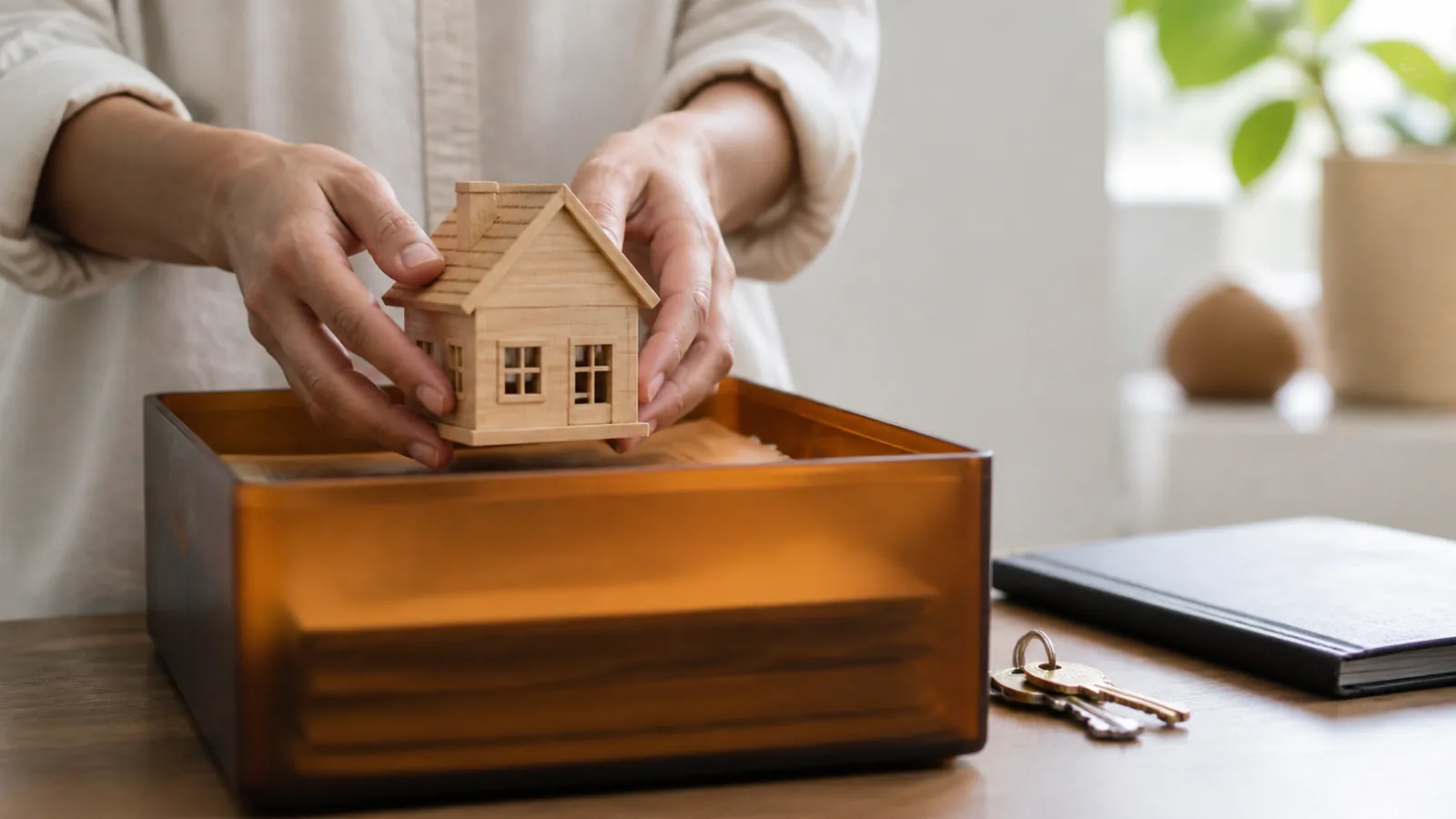 Hands placing a small wooden model house into an amber document box beside house keys