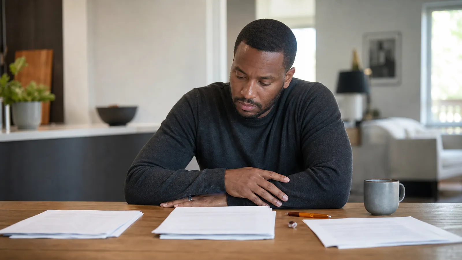 Man reviewing three fanned document sets at a dining table with an amber fountain pen