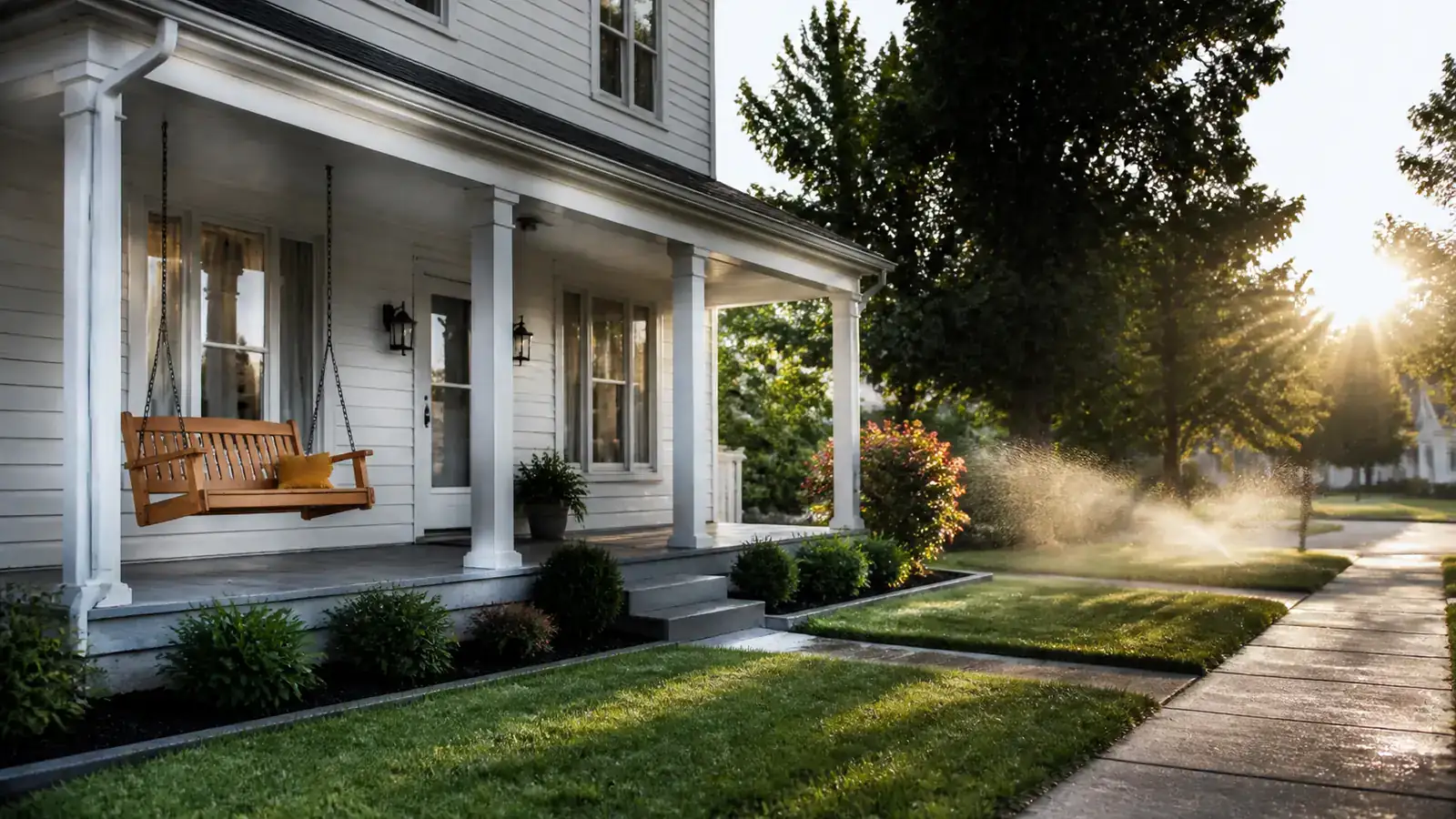 Tidy duplex with twin porches and an amber porch swing in low morning sun with sprinkler mist