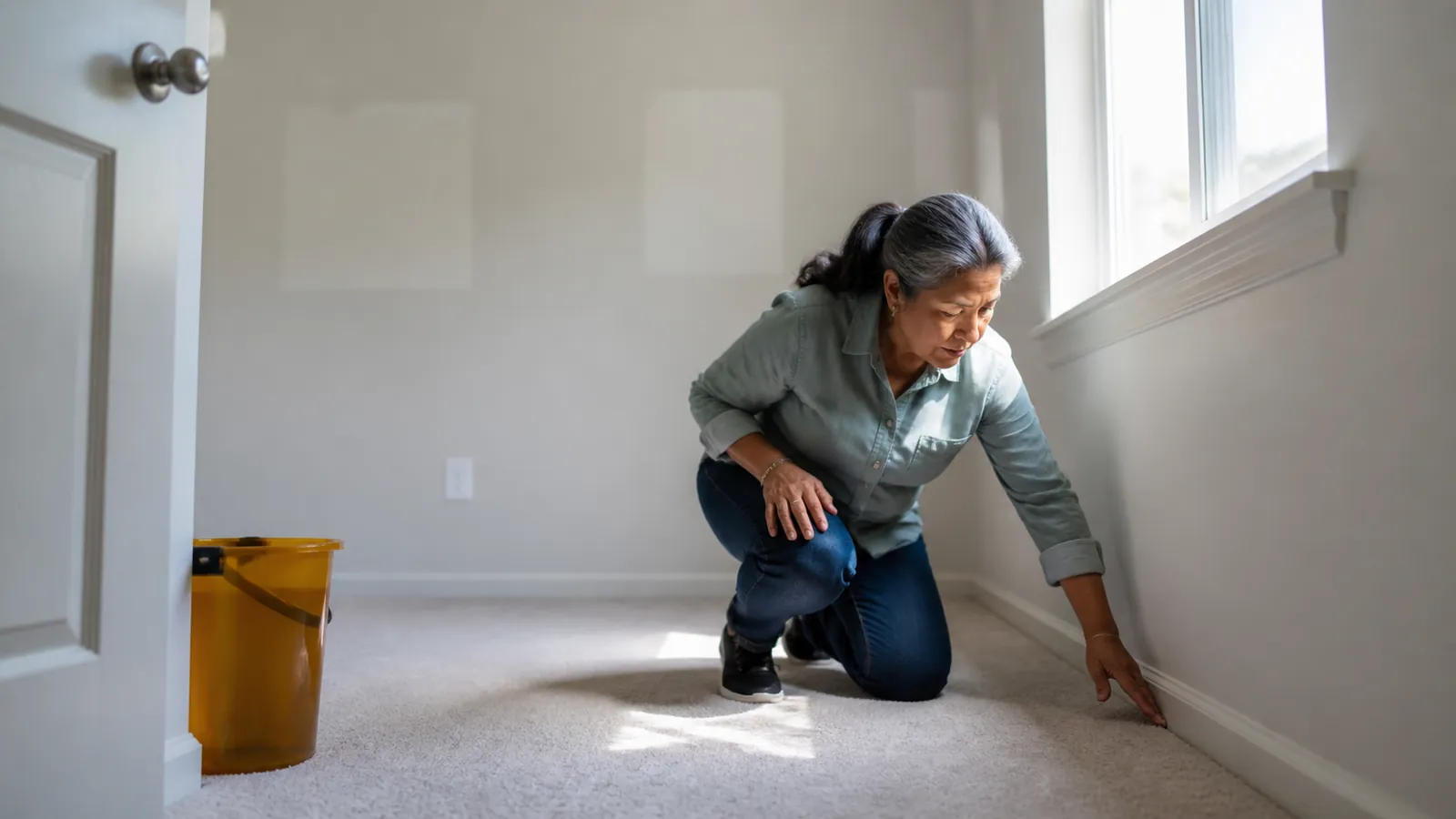 Landlord crouching to inspect a baseboard in an empty room, amber bucket by the door