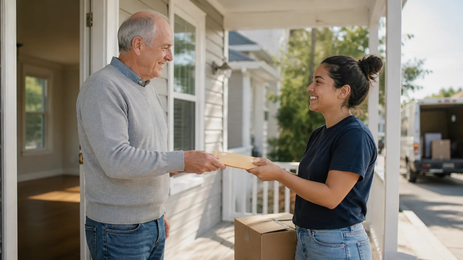Landlord handing a departing tenant a sealed amber envelope on a porch, moving van soft behind