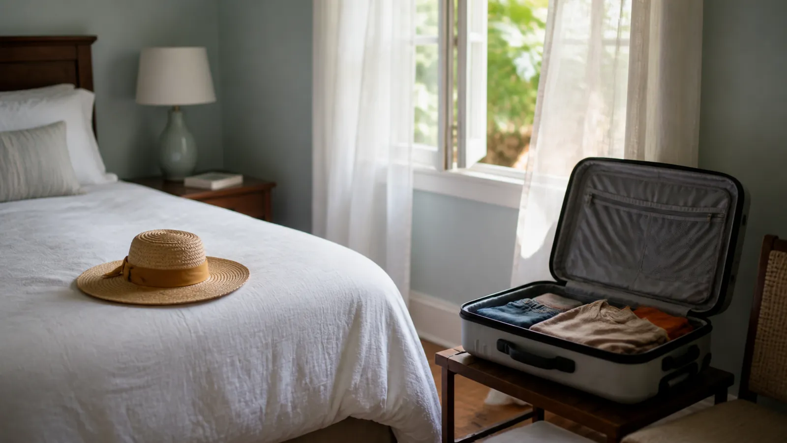 Guest bedroom mid-stay with an open suitcase and a sun hat with an amber band on the bed