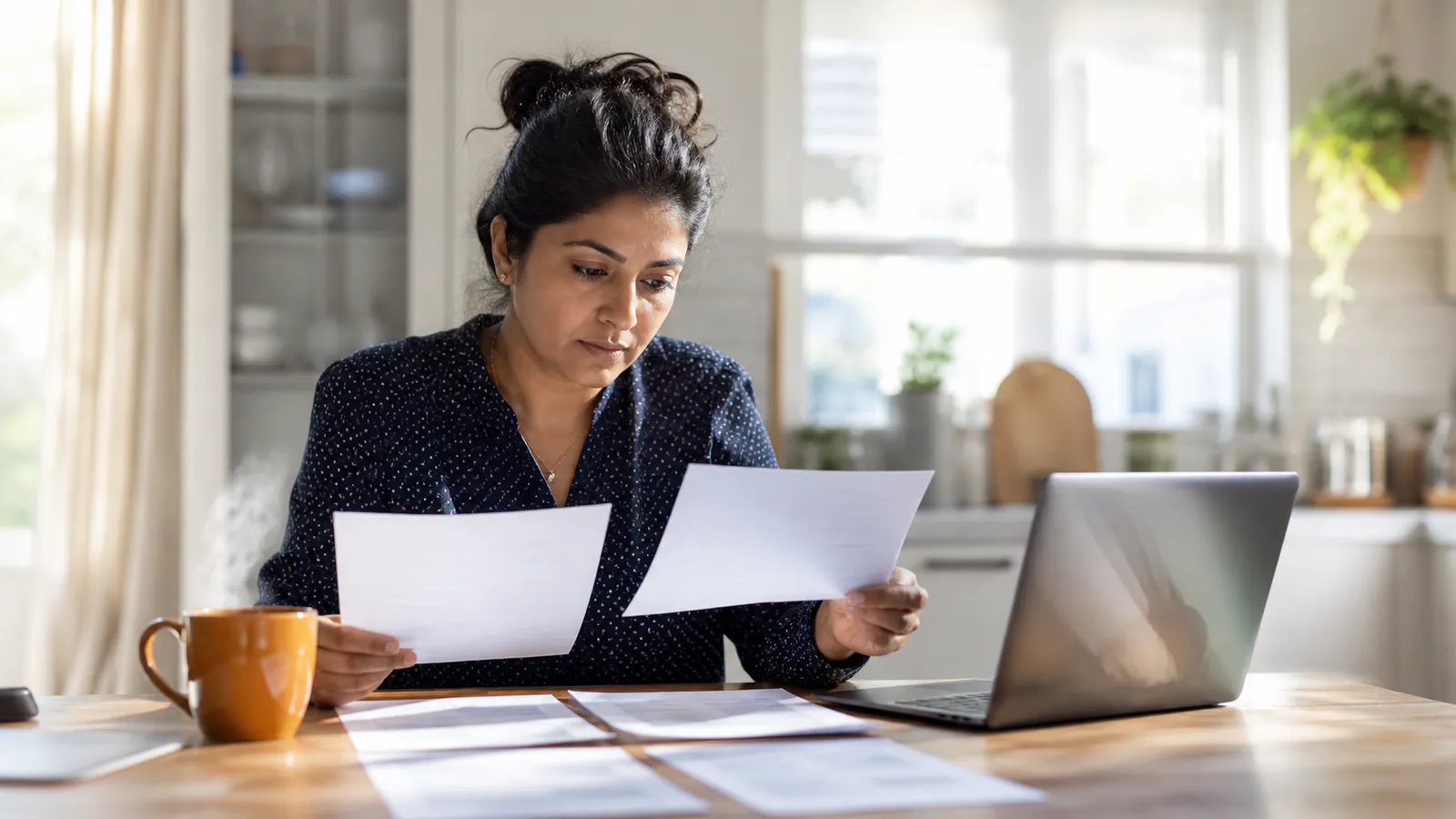 Woman comparing printed rule pages beside a glowing laptop, amber mug at her elbow