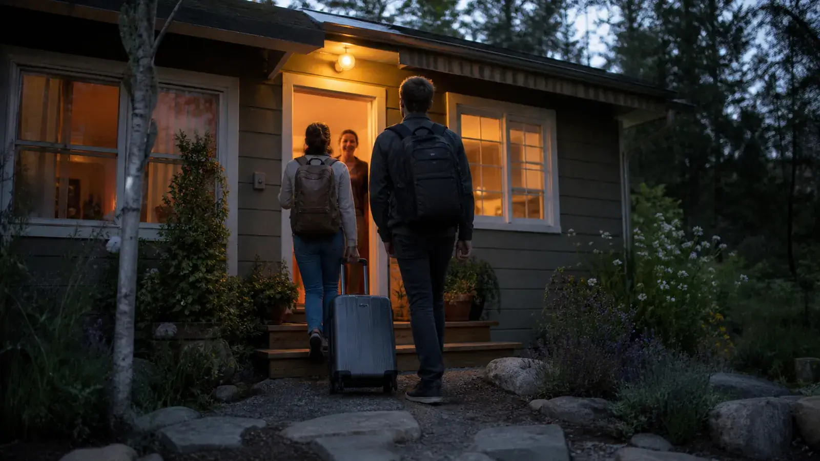 Two guests with a suitcase arriving at dusk as amber light spills from a cottage's open door