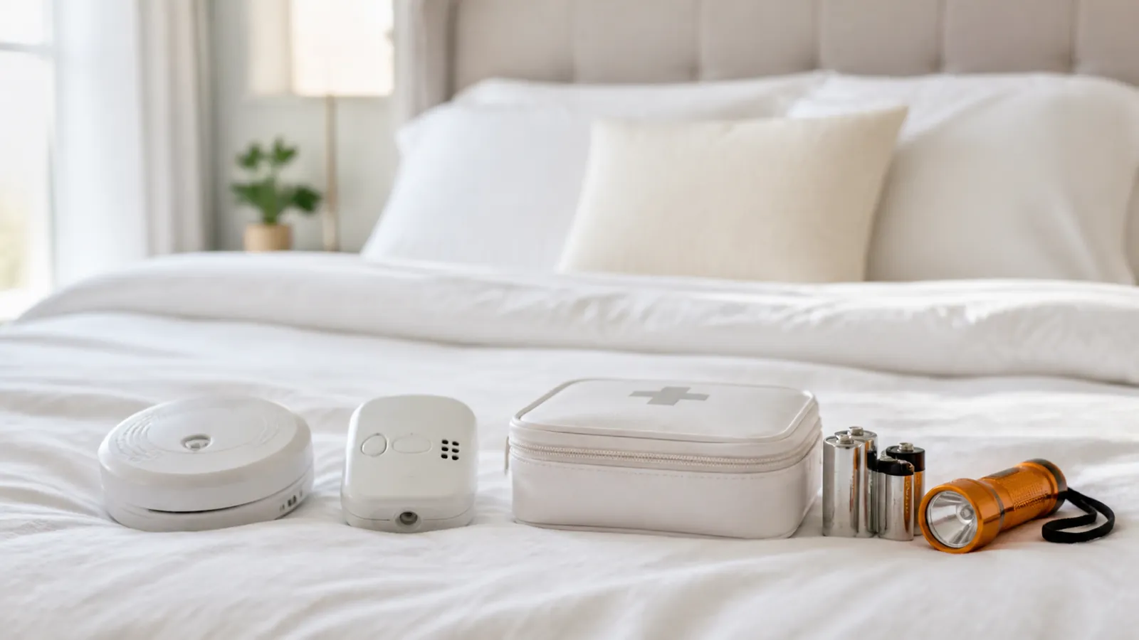 Guest-room safety kit on white bedding with smoke and CO alarms, first-aid pouch, amber flashlight