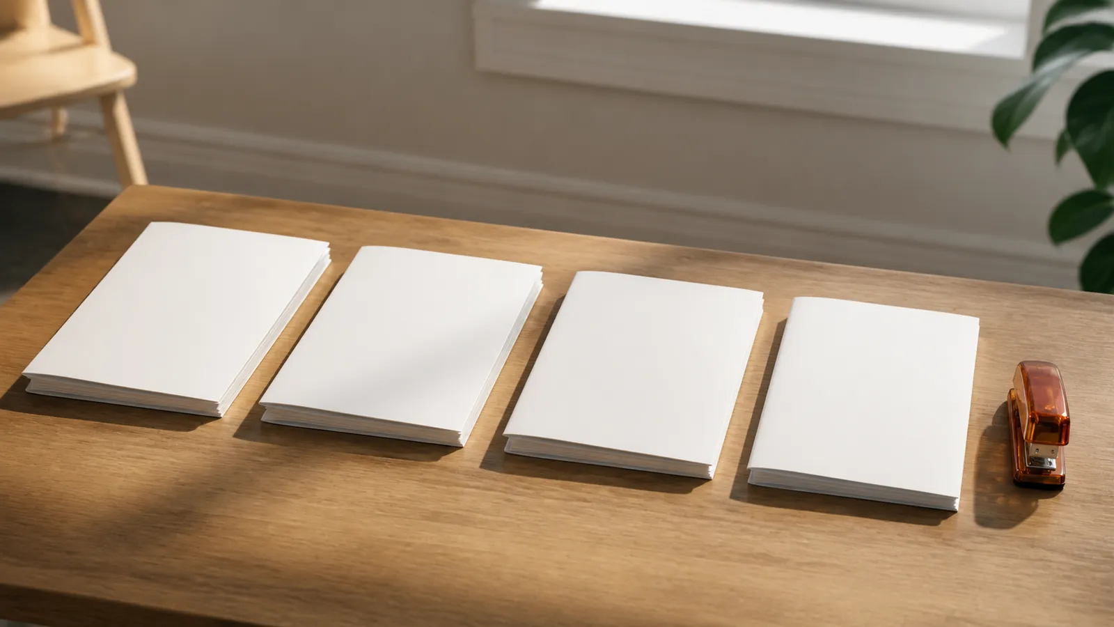 Four identical white application folders in a precise row with an amber stapler at their head