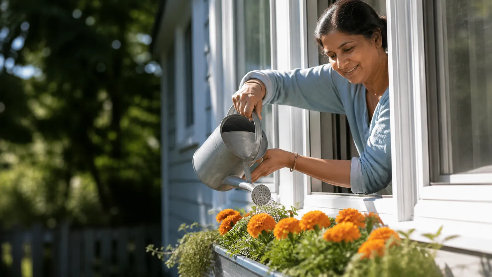 Tenant watering amber marigolds in a window box of a tidy rental on a bright morning