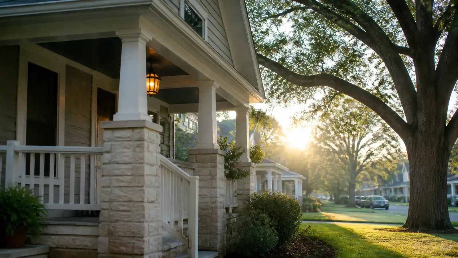Texas bungalow porch at dawn with its amber porch lantern still glowing under a live oak