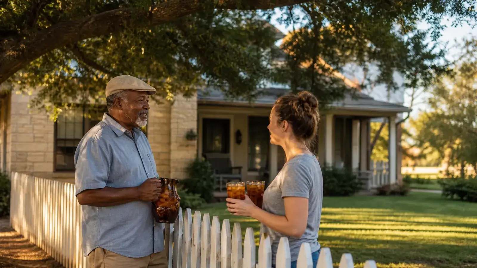 Landlord with an amber pitcher of iced tea chatting with his tenant over a fence under a live oak