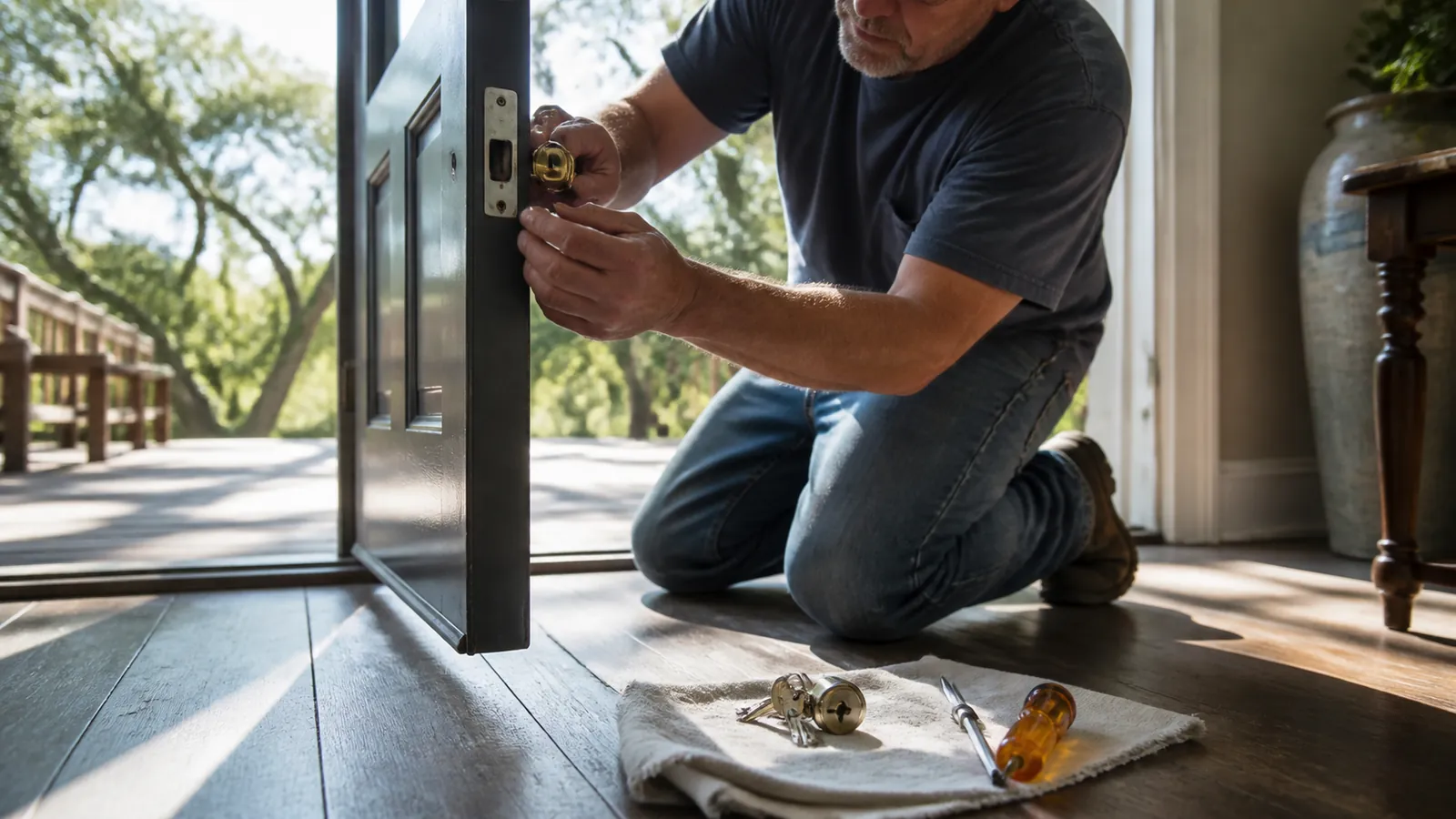 Man fitting a new brass deadbolt at an open Texas front door, amber screwdriver beside the old lock