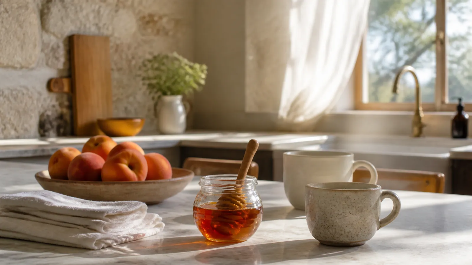 Peaches, napkins, and an amber honey pot on a limestone cottage kitchen counter in morning light