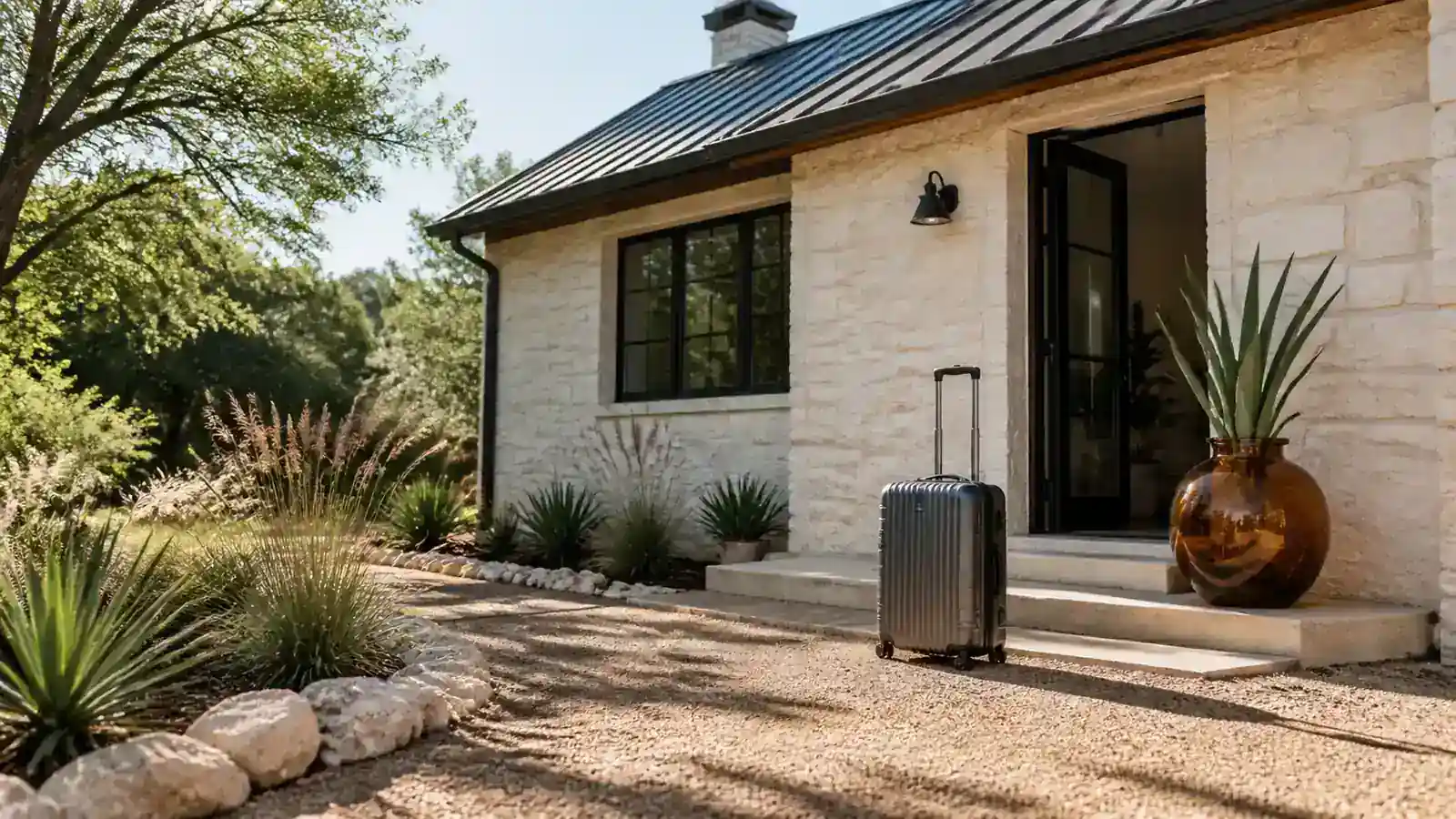 Suitcase on the gravel path of a limestone cottage with an amber agave planter by the door